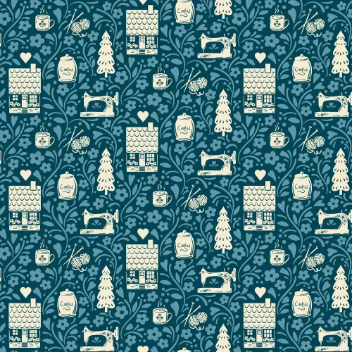 Cozy House Dark Blue Large Feature Print 1/2 Metre 