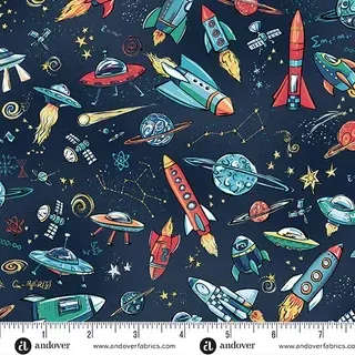 Makower Orbit Dark Blue Rockets Feature Print FQ 